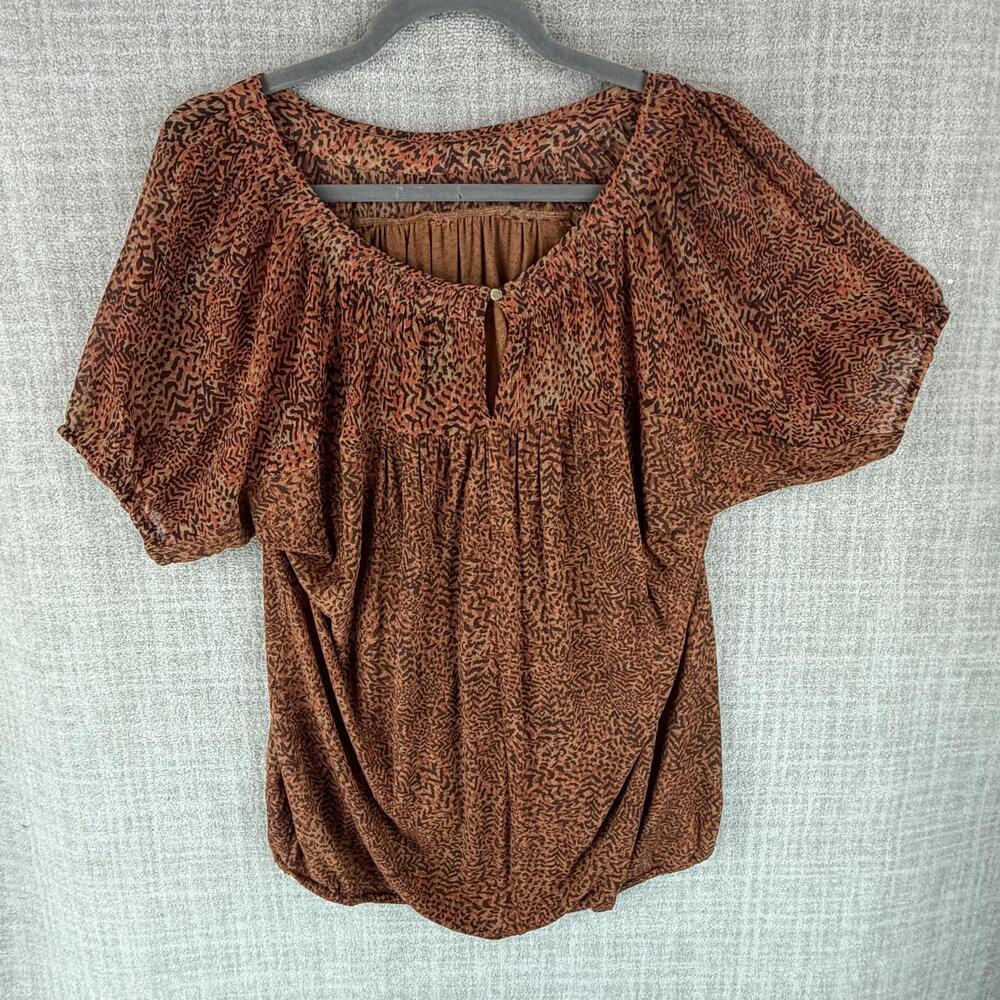 Blouse Womens M Brown Tunic Scoop Neck Short Sleeve Animal Print Pleated Rayon